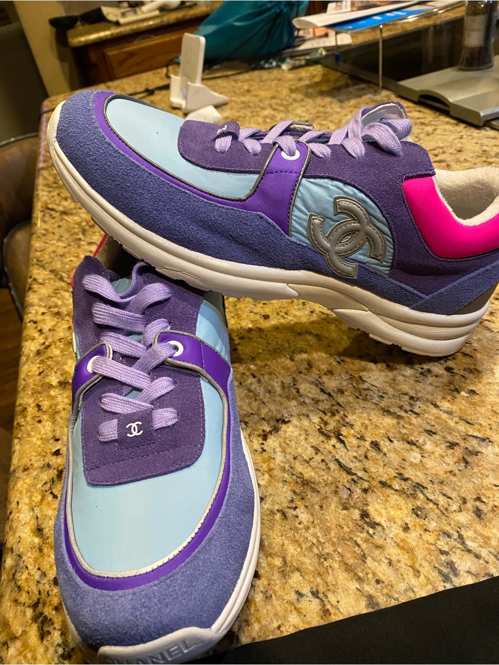 CHANEL Purple, Light Blue & Pink Suede Sport Sneakers